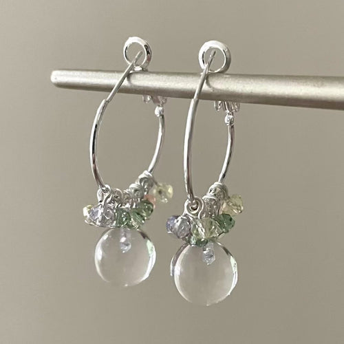 Glass Beaded Round Pendant Hoop Earrings With Silver Needle Minimalist Geometric Fresh Style
