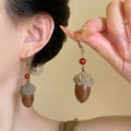 Ethnic Vintage Wood Flower Pine Cone Pendant Drop Earrings, Light Luxury Fashion Ear Hooks view 4