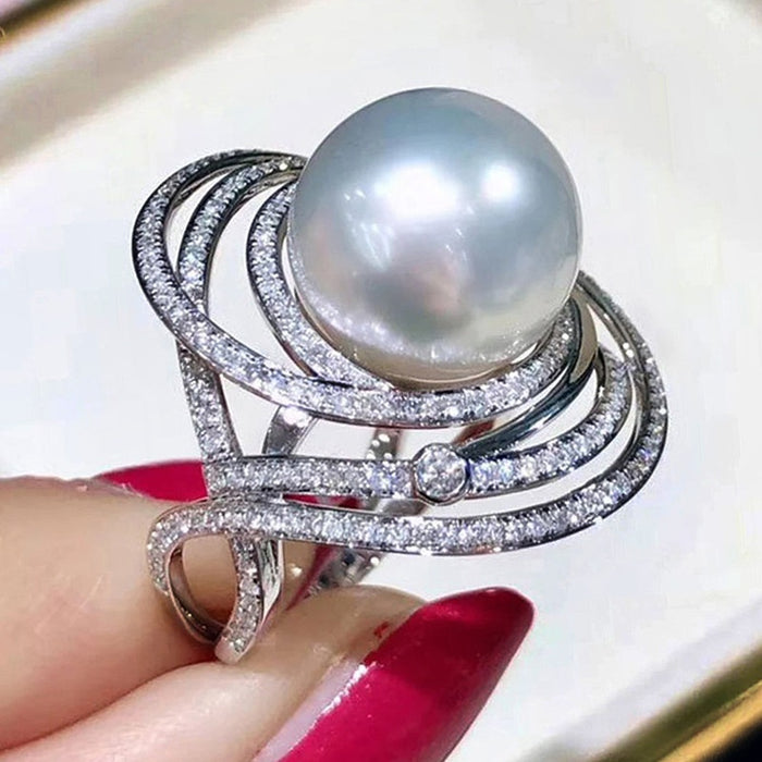 Imitation Pearl Princess Style Ring For Women Spiral Line Design Glossy Fashion Jewelry