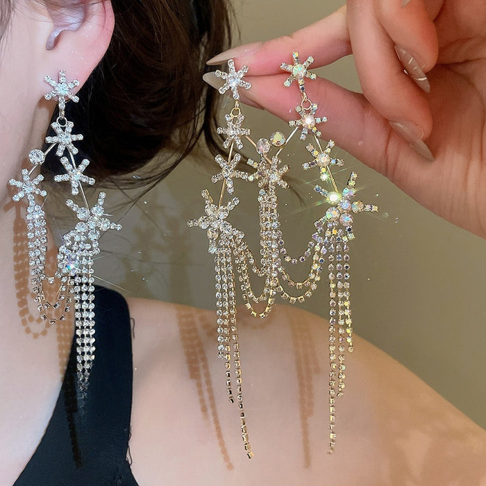 Copper Rhinestone Round Flower Tassel Drop Earrings With Silver Needle Posts