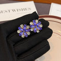 Elegant Purple Crystal Flower Petal Rhinestone Alloy Silver Needle Studs For Women Luxury Statement Earrings view 2
