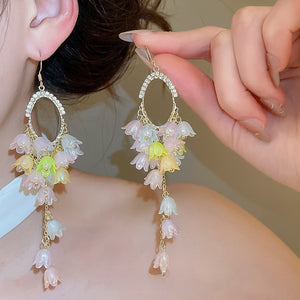Rhinestone Oval Resin Flower Tassel Drop Earrings, Sweet Vacation Style Floral Ear Hooks