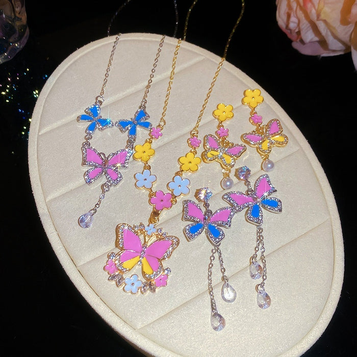 Alloy Enamel Flower Rhinestone Butterfly Stud Earrings Necklace Jewelry Set For Women