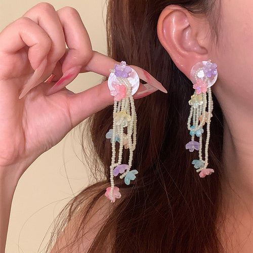 Resin Floral Beaded Tassel Drop Earrings For Women, Cute Colorful Flower Beach Vacation Jewelry