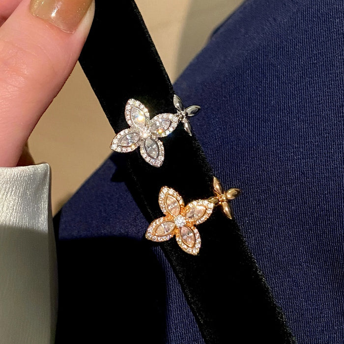 Copper Zircon Star Flower Open Ring Light Luxury Elegant Fashion Ring For Index Finger