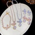 18K Gold Plated Zircon Butterfly Faux Pearl Jewelry Set Sweet Earrings Necklace Bracelet view 1