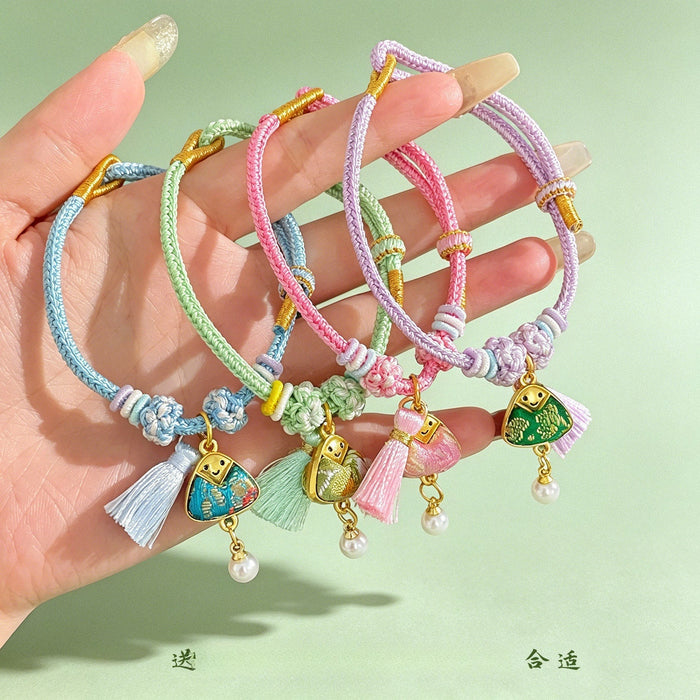 Dragon Boat Festival Five Color Cord Pearl Beaded Bracelet With Tassel Triangle Charm
