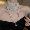 French Vintage Multilayer Faux Pearl Beaded Teardrop Necklace Old Money Light Luxury Choker view 3