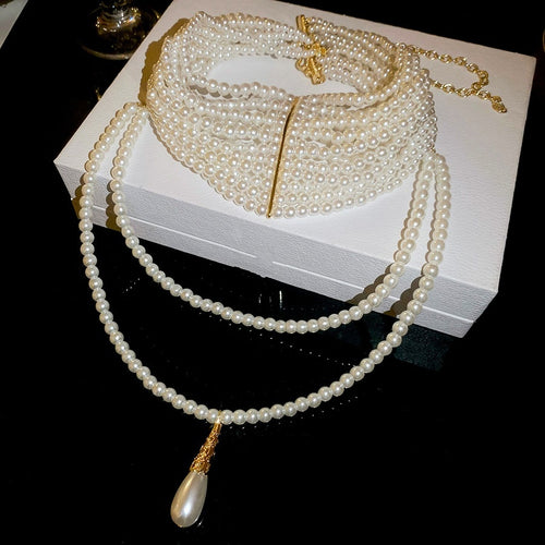 French Vintage Multilayer Faux Pearl Beaded Teardrop Necklace Old Money Light Luxury Choker