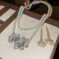 French Rhinestone Flower Faux Pearl Necklace And Earrings Jewelry Set, Vintage Old Money Banquet Style view 3