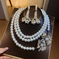 French Rhinestone Flower Faux Pearl Necklace And Earrings Jewelry Set, Vintage Old Money Banquet Style view 1