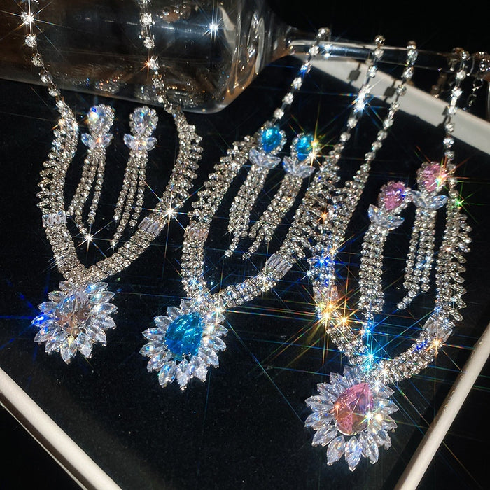 Light Luxury Copper Zircon Teardrop Earrings And Necklace Jewelry Set For Evening Dress