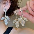 Luxury Copper Leaf Drop Earrings With Sparkling Zirconia And Silver Posts view 1