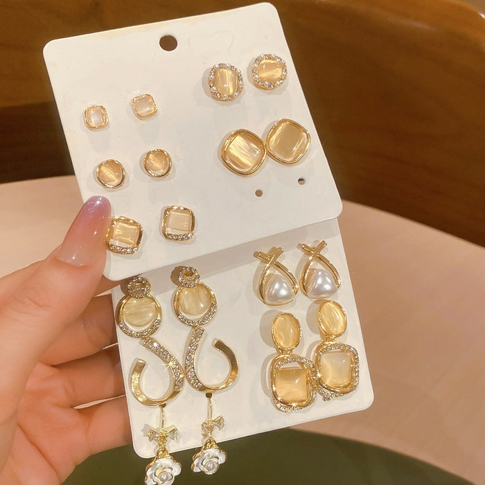 Korean Minimalist Cat Eye Stone Rhombus Stud Earrings Jewelry Set For Women