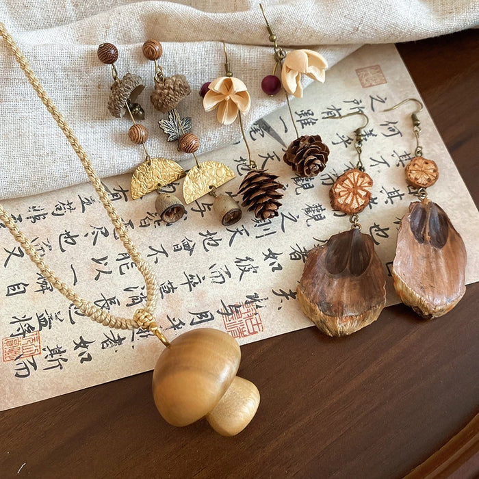 Wooden Maple Leaf Pine Cone Stud Earrings Necklace Jewelry Set Ethnic Irregular Boho Design For Women