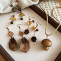 Wooden Maple Leaf Pine Cone Stud Earrings Necklace Jewelry Set Ethnic Irregular Boho Design For Women view 3