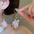 Elegant Acrylic Floral Petal Tassel Pearl Drop Earrings For Women view 3