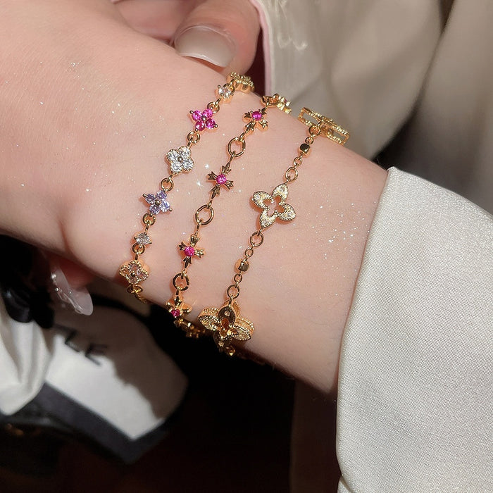 Light Luxury Korean Style Copper Beaded Bracelet With Colorful Zircon Flower Charm