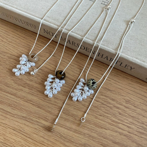 Korean Style Faux Pearl Grape Cluster Sweater Necklace With Natural Stone Geometric Pendant
