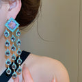 Vintage Copper Zircon Rhombus Tassel Drop Earrings With Silver Posts Palace Style view 3