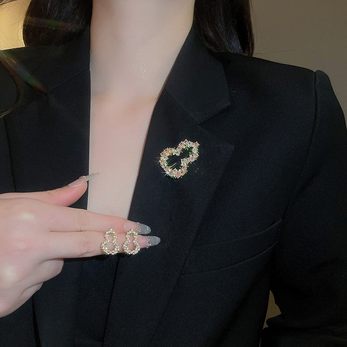 18K Gold Plated Copper Zircon Gourd Hollow Stud Earrings Brooch Jewelry Set For Women