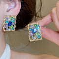 Vintage Alloy Geometric Square Hollow Rhinestone Silver Pin Stud Earrings Court Style view 1