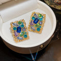 Vintage Alloy Geometric Square Hollow Rhinestone Silver Pin Stud Earrings Court Style view 2