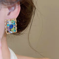 Vintage Alloy Geometric Square Hollow Rhinestone Silver Pin Stud Earrings Court Style view 3
