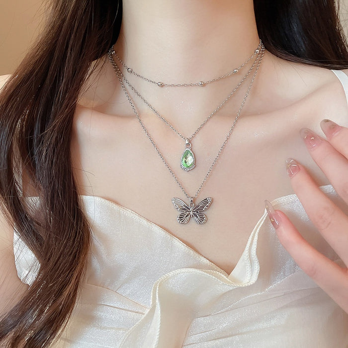Stainless Steel Resin Waterdrop Butterfly Layered Sweater Necklace Sweet Cool Forest Style