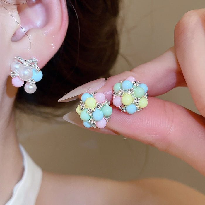 Faux Pearl Zircon Bow Stud Earrings Sweet Dopamine Fashion OL Light Luxury Ear Jewelry