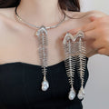 European American Alloy Rhinestone Fishbone Pearl Earrings Necklace Jewelry Set For Women view 3