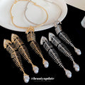 European American Alloy Rhinestone Fishbone Pearl Earrings Necklace Jewelry Set For Women view 2