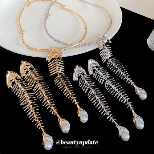 European American Alloy Rhinestone Fishbone Pearl Earrings Necklace Jewelry Set For Women