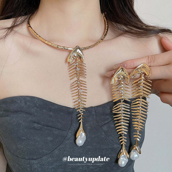 European American Alloy Rhinestone Fishbone Pearl Earrings Necklace Jewelry Set For Women
