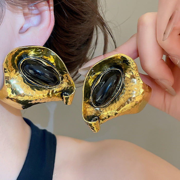 Vintage Metal Irregular Oval Geometric Stud Earrings, Statement Designer Style Jewelry