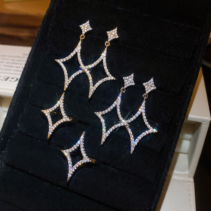18K Gold Plated Copper Zircon Starburst Ring And Stud Earrings Jewelry Set For Women