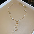 Korean Style Zircon Faux Pearl Sweater Necklace Geometric Round Light Luxury Clavicle Chain For Women view 2