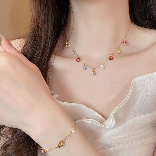 Light Luxury Copper Colorful Zircon Ladybug Flower Bracelet Necklace Jewelry Set