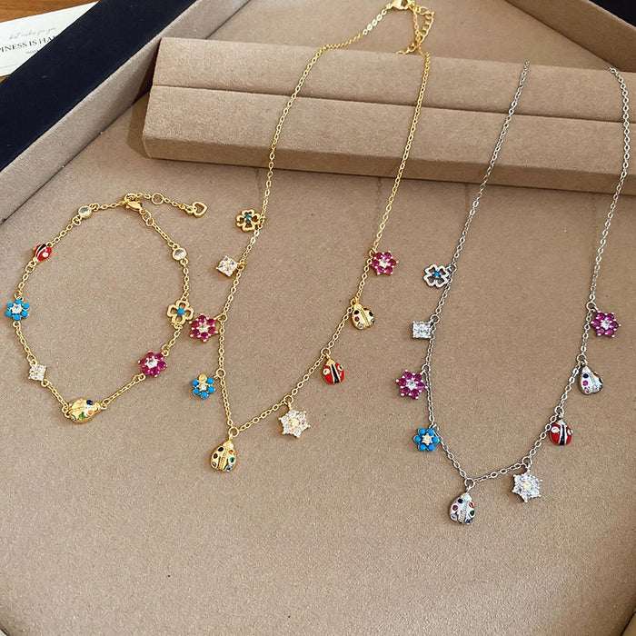 Light Luxury Copper Colorful Zircon Ladybug Flower Bracelet Necklace Jewelry Set