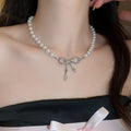French Vintage Pleated Bow Faux Pearl Necklace Old Money Princess Collarbone Jewelry view 3