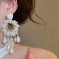 French Vintage Crystal Flower Faux Pearl Drop Earrings Sweet Princess Floral Silver Needle Jewelry view 3