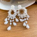 French Vintage Crystal Flower Faux Pearl Drop Earrings Sweet Princess Floral Silver Needle Jewelry view 4