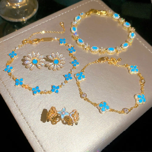 Vintage Copper Resin Flower Jewelry Set With Bracelet Ring And Stud Earrings