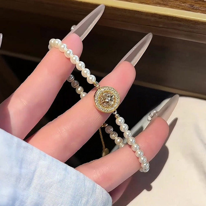 18K Gold Plated Zirconia Faux Pearl Beaded Bangle Light Luxury Geometric Round Bracelet