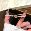18K Gold Plated Zirconia Faux Pearl Beaded Bangle Light Luxury Geometric Round Bracelet view 4