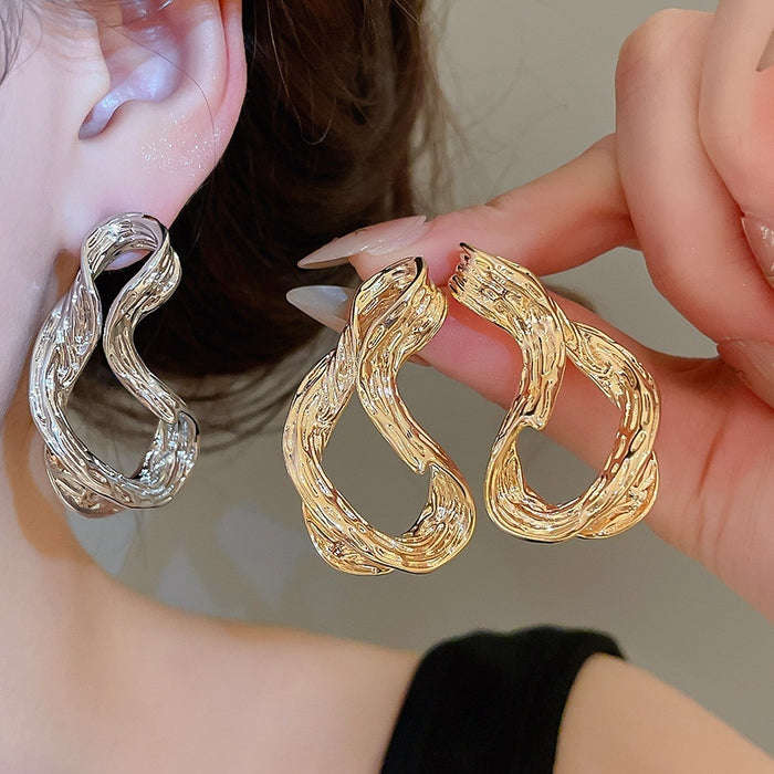 Copper Twisted Geometric Stud Earrings For Women, Textured Metal Western Fashion Jewelry