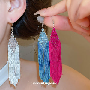 Vintage Ethnic Glass Crystal Diamond Beaded Chain Tassel Drop Earrings
