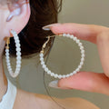 Modern Minimalist Faux Pearl Beaded Circle Pendant Hoop Earrings with Silver-Tone Pin Geometric Design view 1