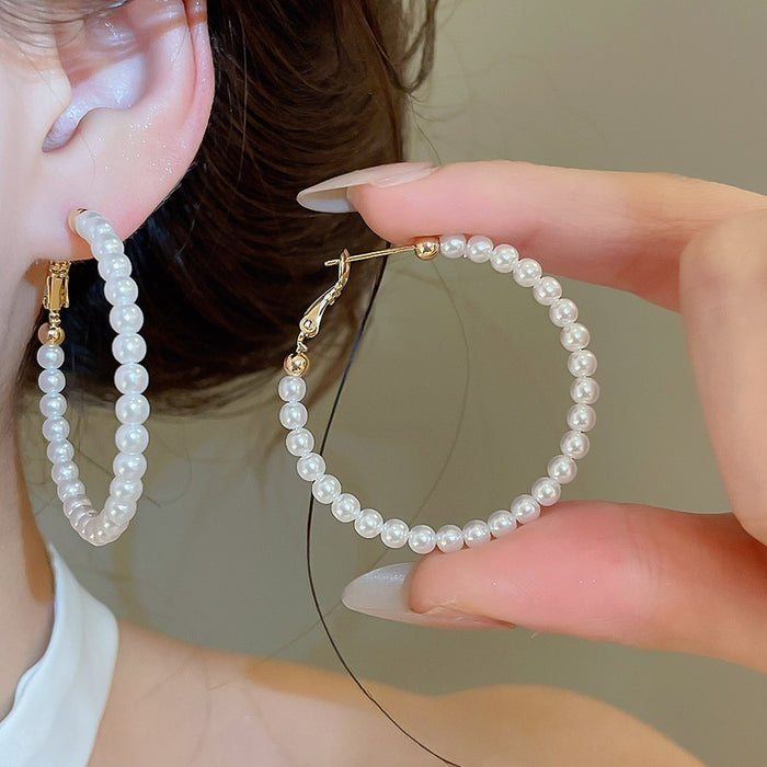 Modern Minimalist Faux Pearl Beaded Circle Pendant Hoop Earrings with Silver-Tone Pin Geometric Design