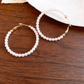 Modern Minimalist Faux Pearl Beaded Circle Pendant Hoop Earrings with Silver-Tone Pin Geometric Design view 4